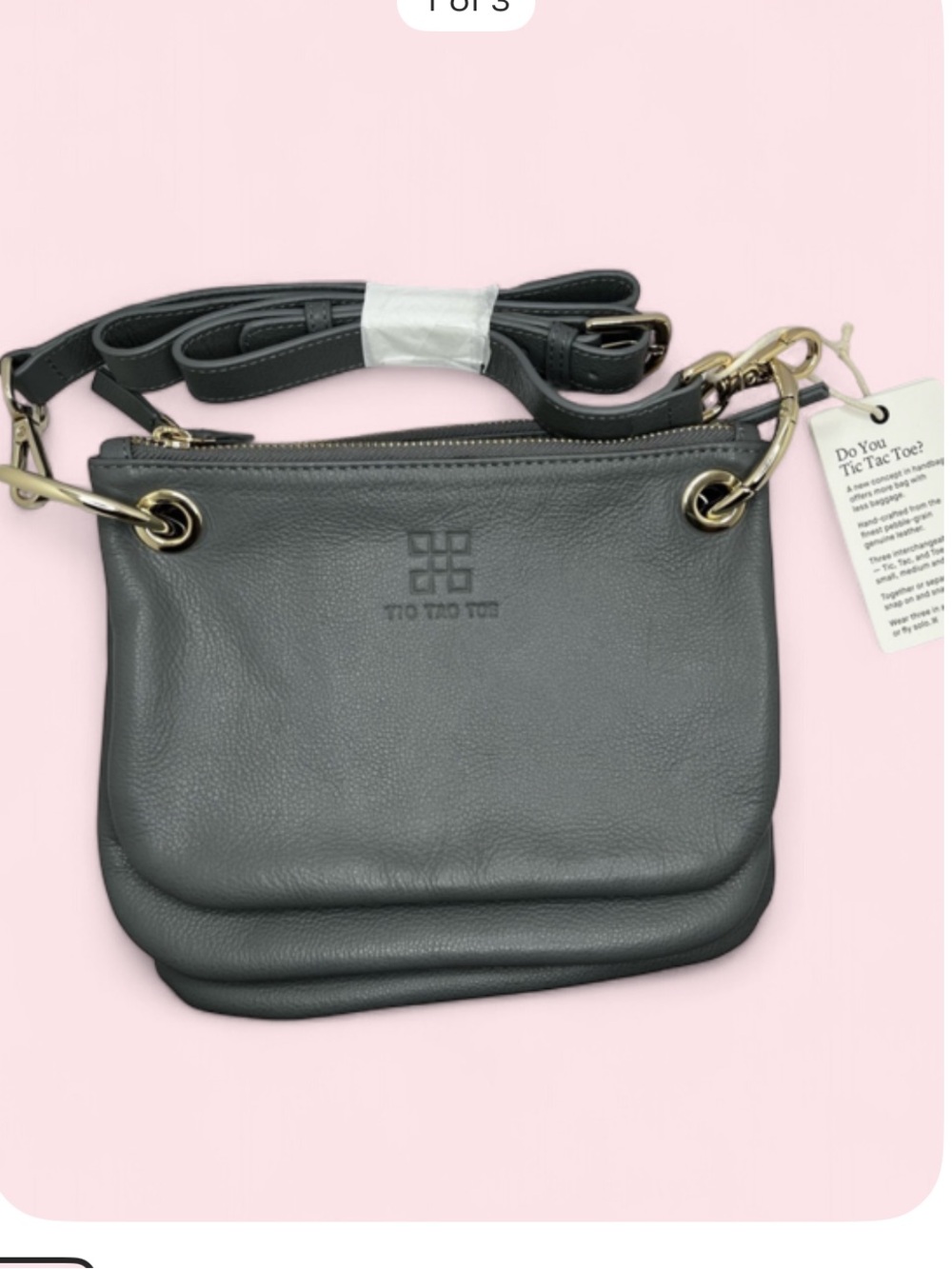NWT Tic Tac Toe The Minime Small Square Triplet Set in Grey with Gold Hardware
